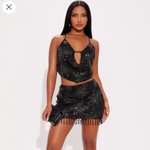 Fashion Nova Black Beaded Mini Skirt Set
